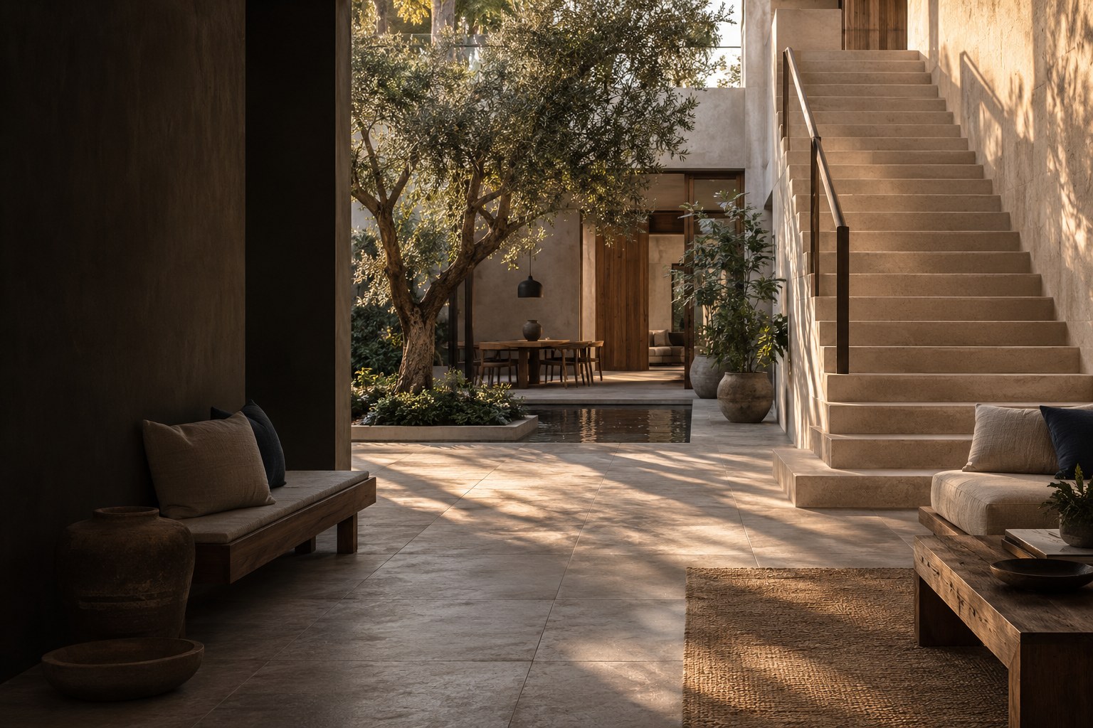 Quiet courtyard house with stone steps, trees, and warm evening light