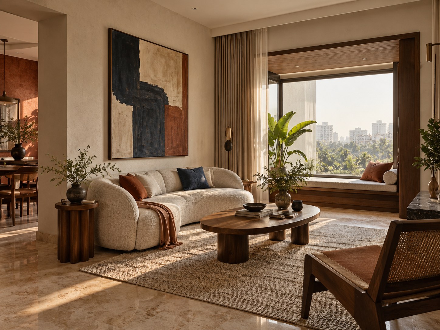 Sunlit contemporary living room with timber furniture and city view