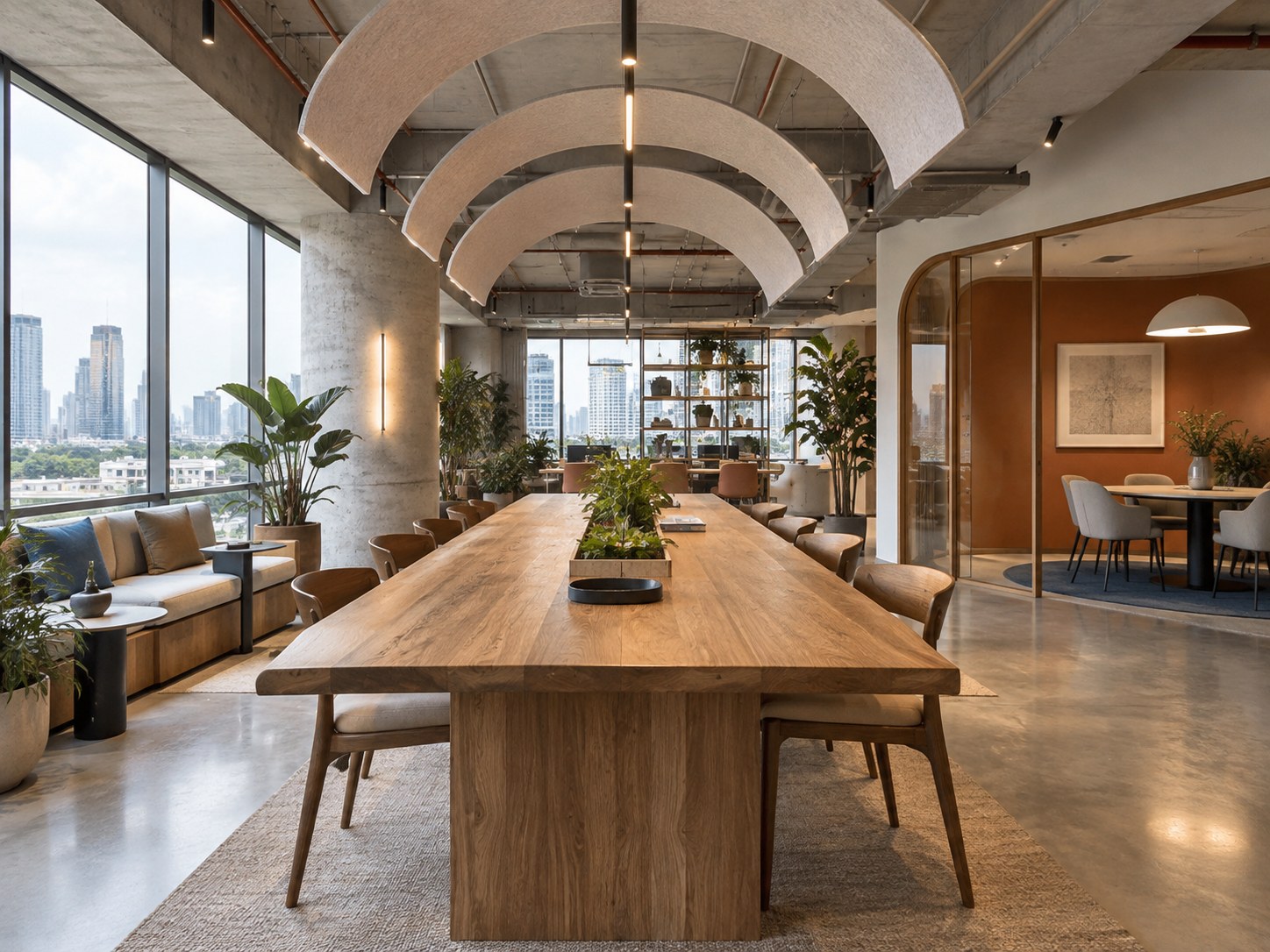 Warm contemporary office lounge with timber screen and soft lighting