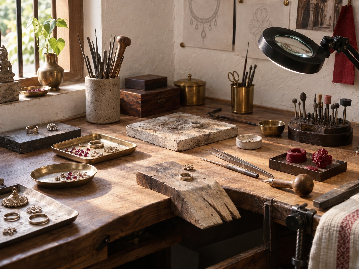 Jewellery maker's workbench with hand tools, trays, and metal forms