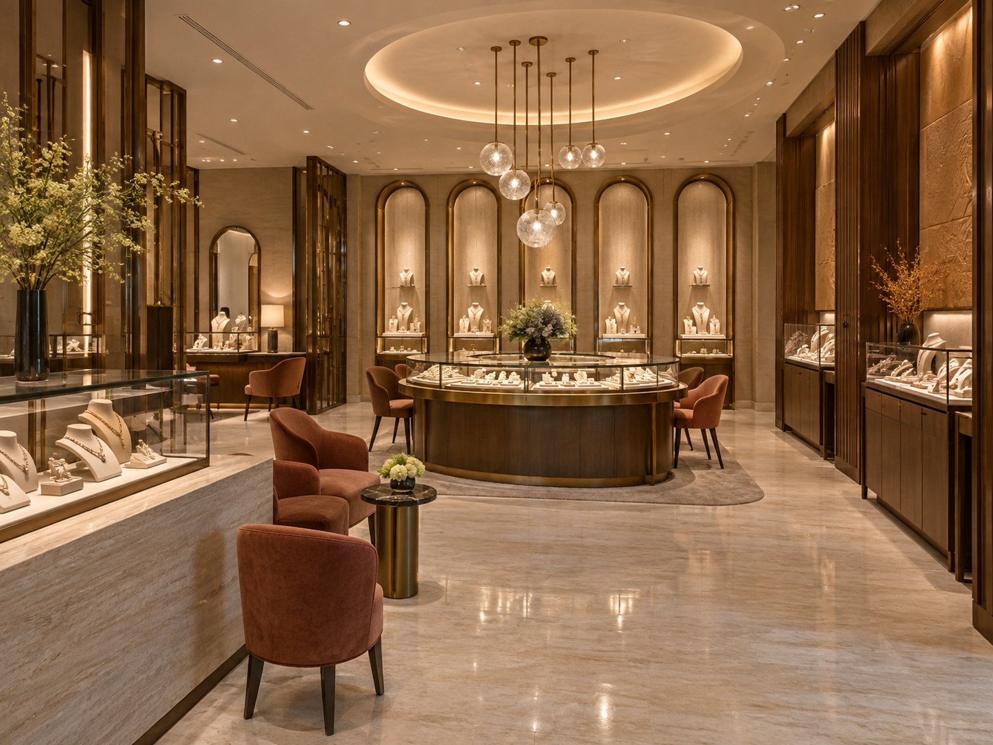 Flagship jewellery showroom with central oval display island and illuminated niches
