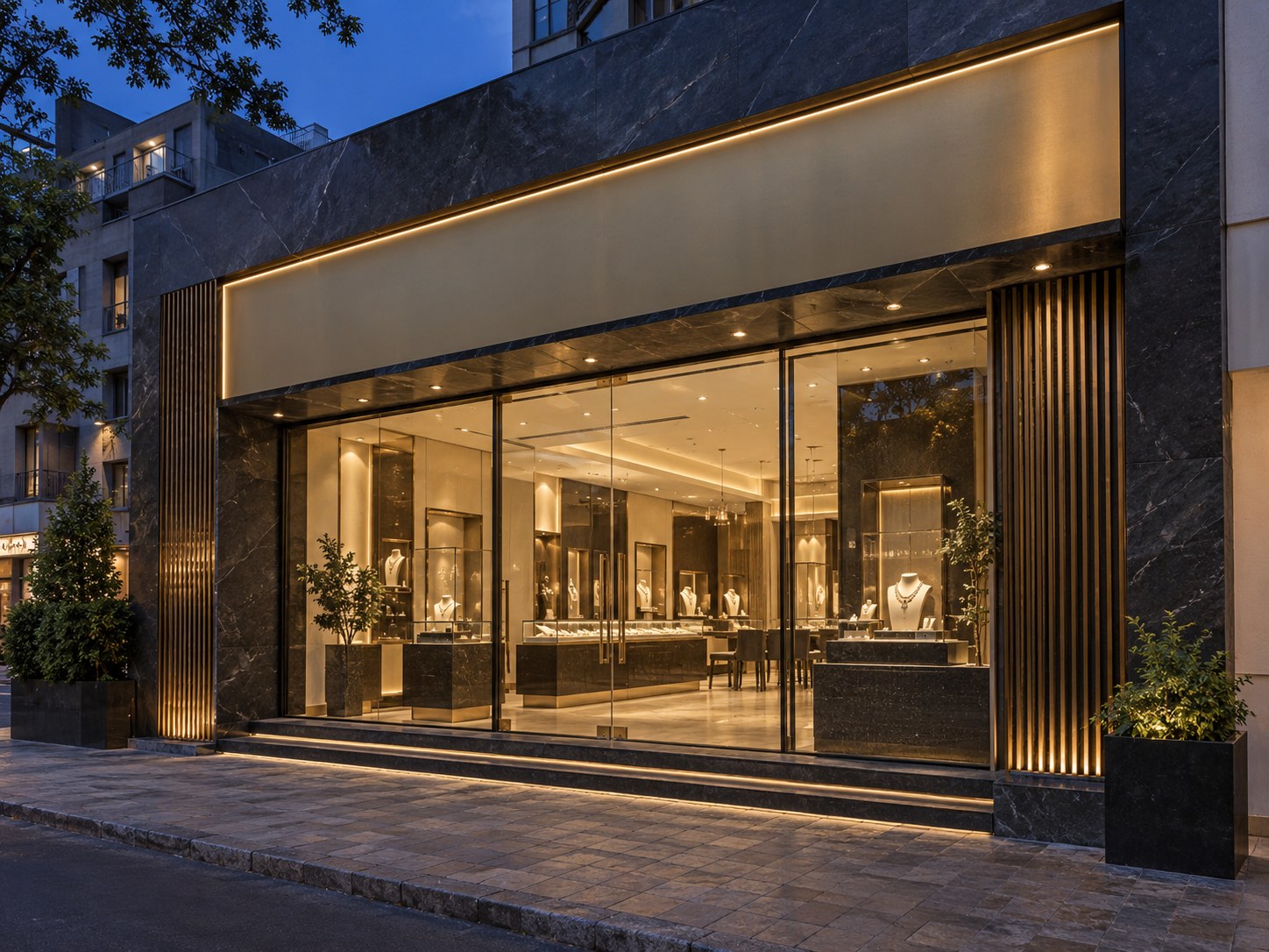 Illuminated charcoal and brass jewellery store facade at blue hour