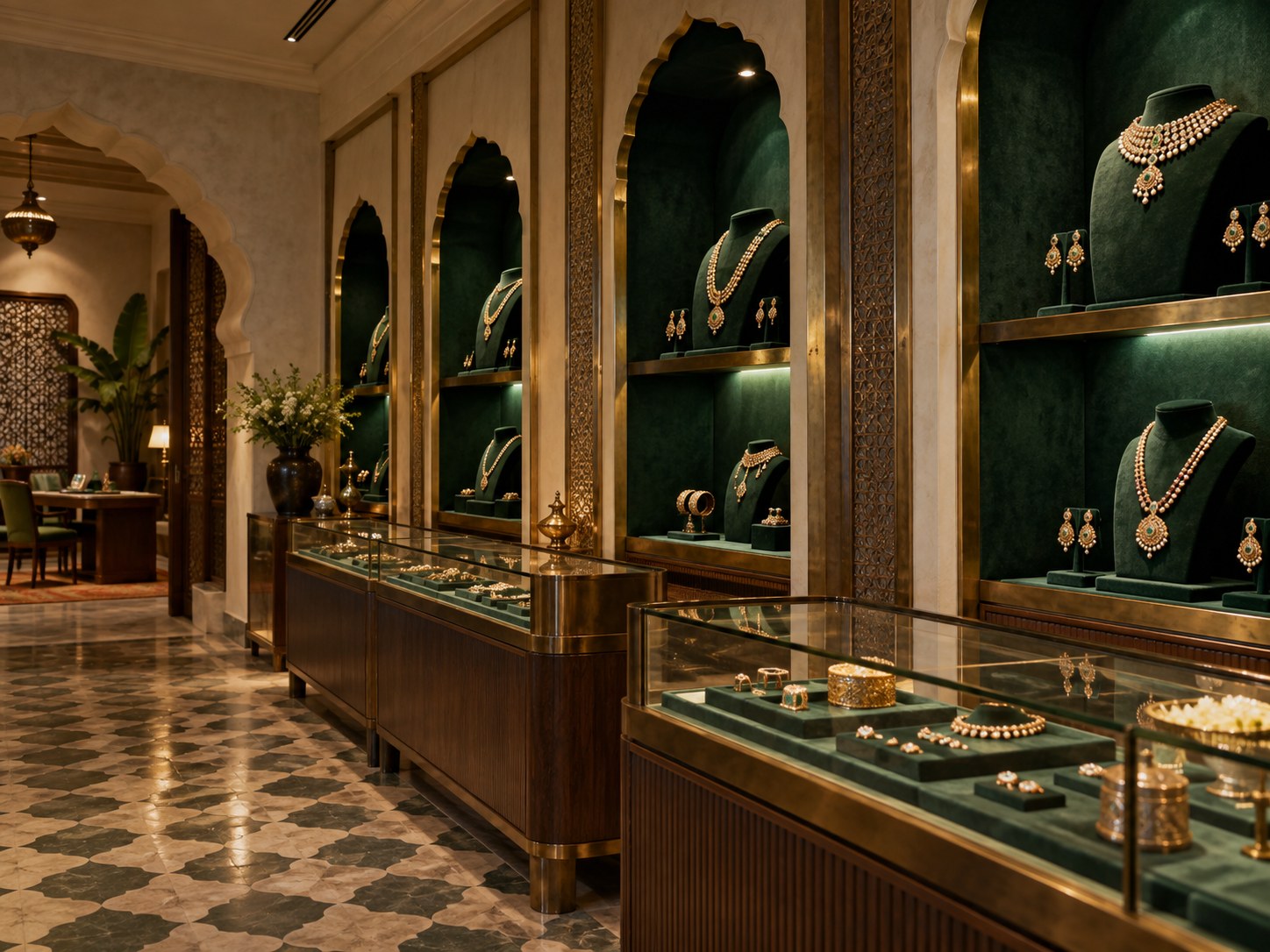 Heritage jewellery display niches with emerald velvet and carved brass frames