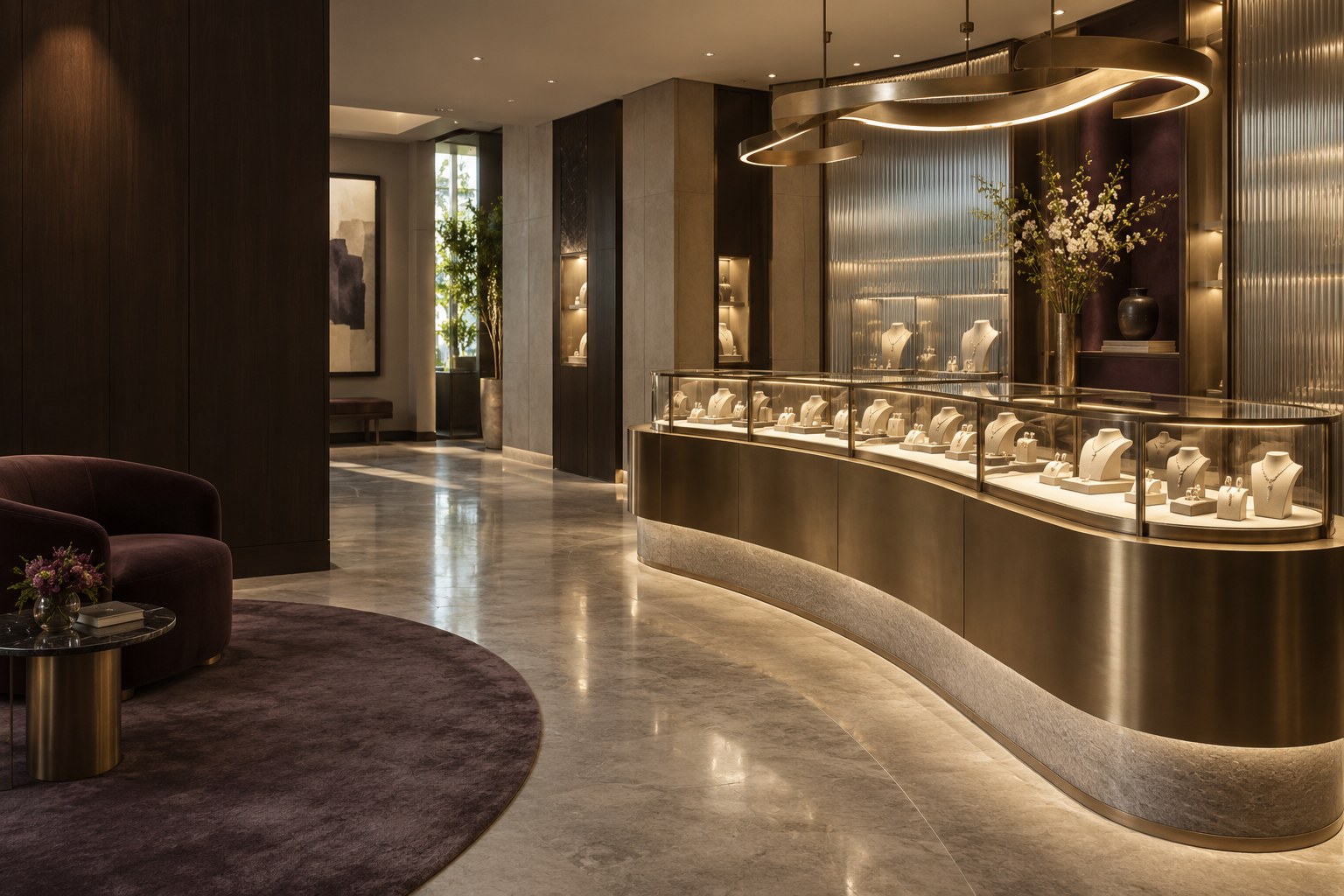 Curved champagne-brass jewellery display counter in a warm contemporary showroom