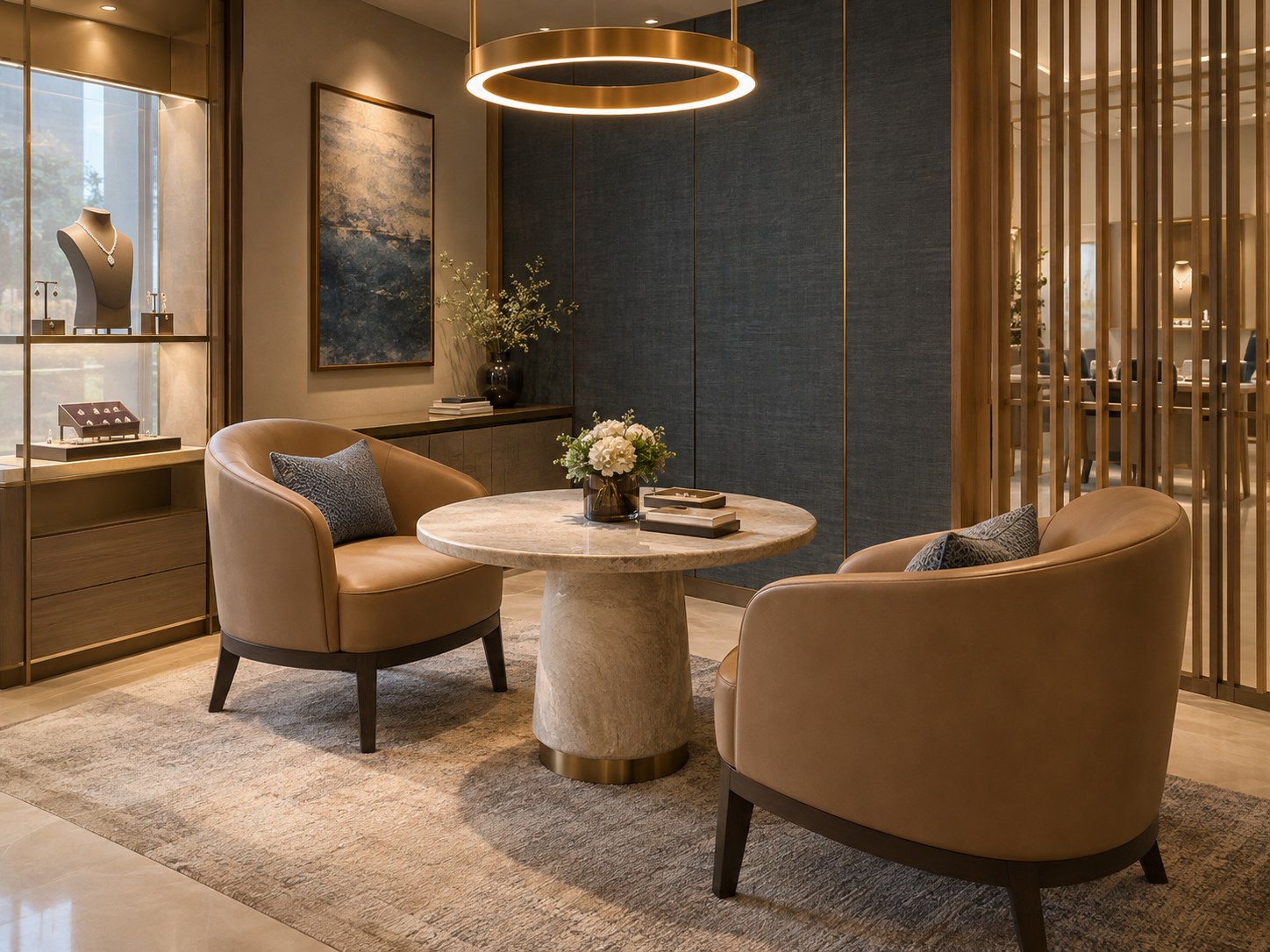Private jewellery consultation lounge with leather chairs and a round stone table