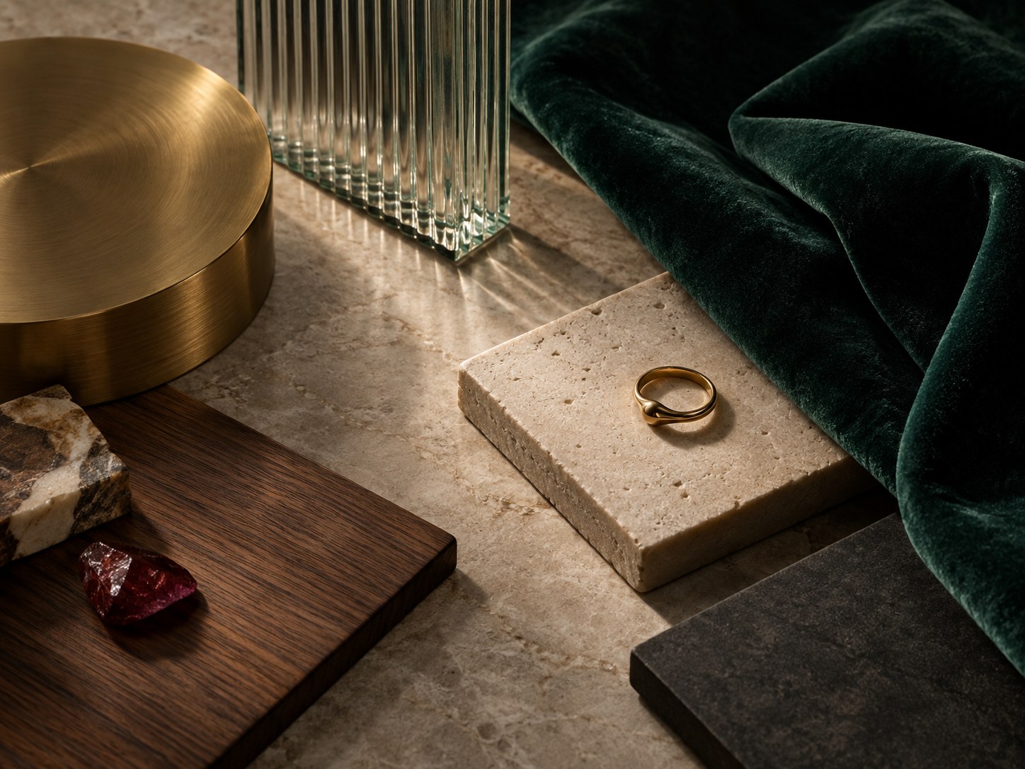 Jewellery showroom material palette with brass, fluted glass, emerald velvet, and stone
